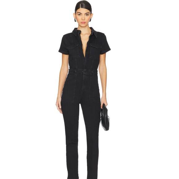 Good American Chic Black Denim Utility Jumpsuit Belted, Curve-Flattering Size 2 - Picture 7 of 9
